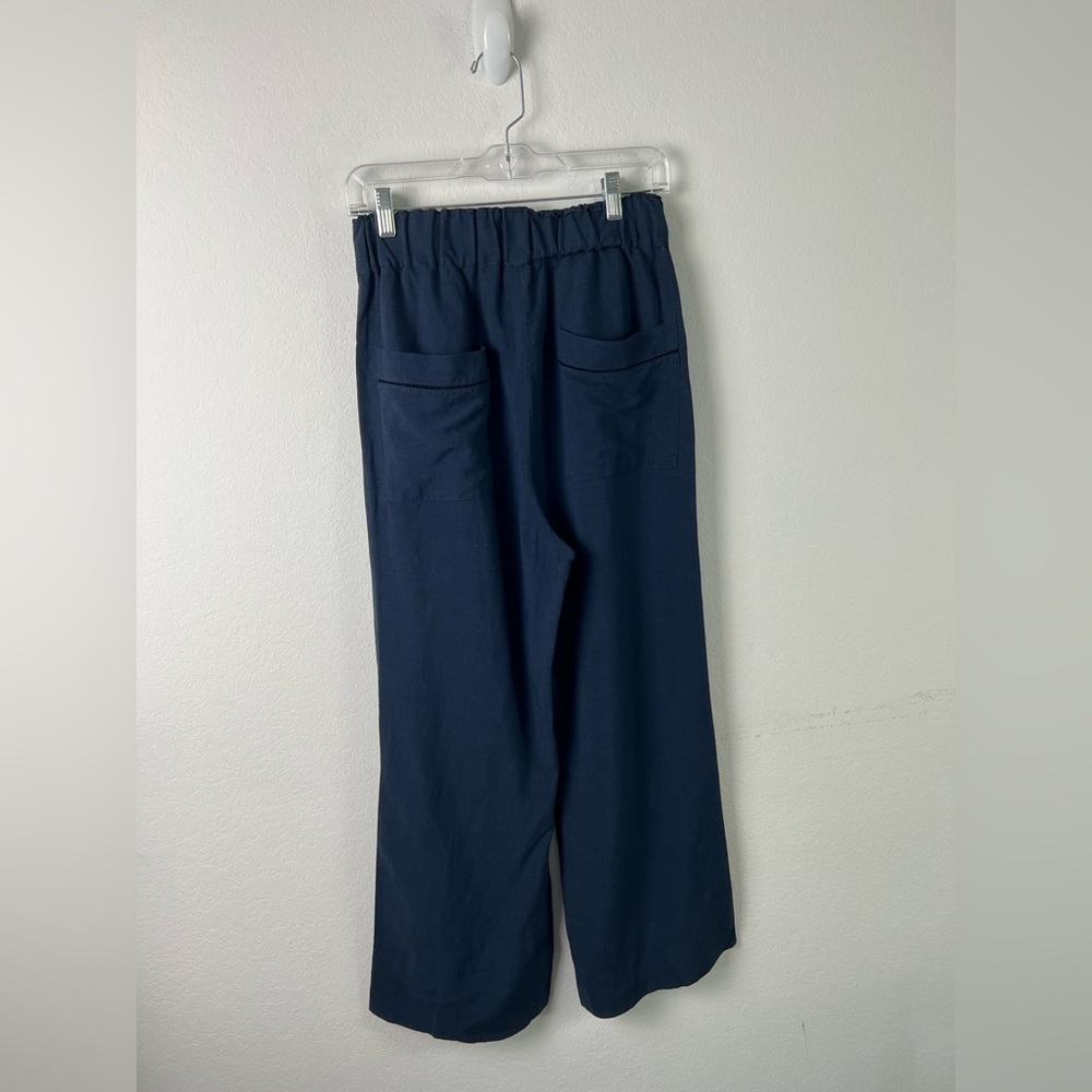 G. Label by Goop Seaside Wide Leg Viscose Linen Navy Office Wedding Resort Pant - Picture 3 of 16
